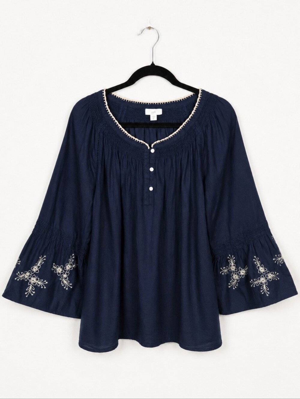 J. Jill M Navy Embroidered Bell Sleeve Peasant Blouse 100% Cotton Boho Cottage